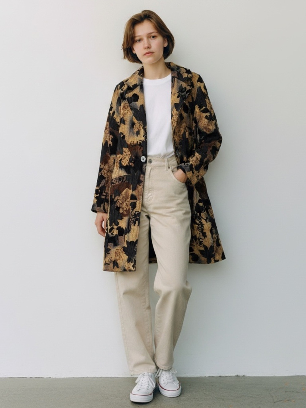 Floral Jacquard Long Coat in Brown & Black vintage small tapestry jacket